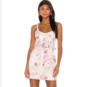 For Love & Lemons Weston Denim Mini Dress Pink Floral Print Size Small *No Belt*